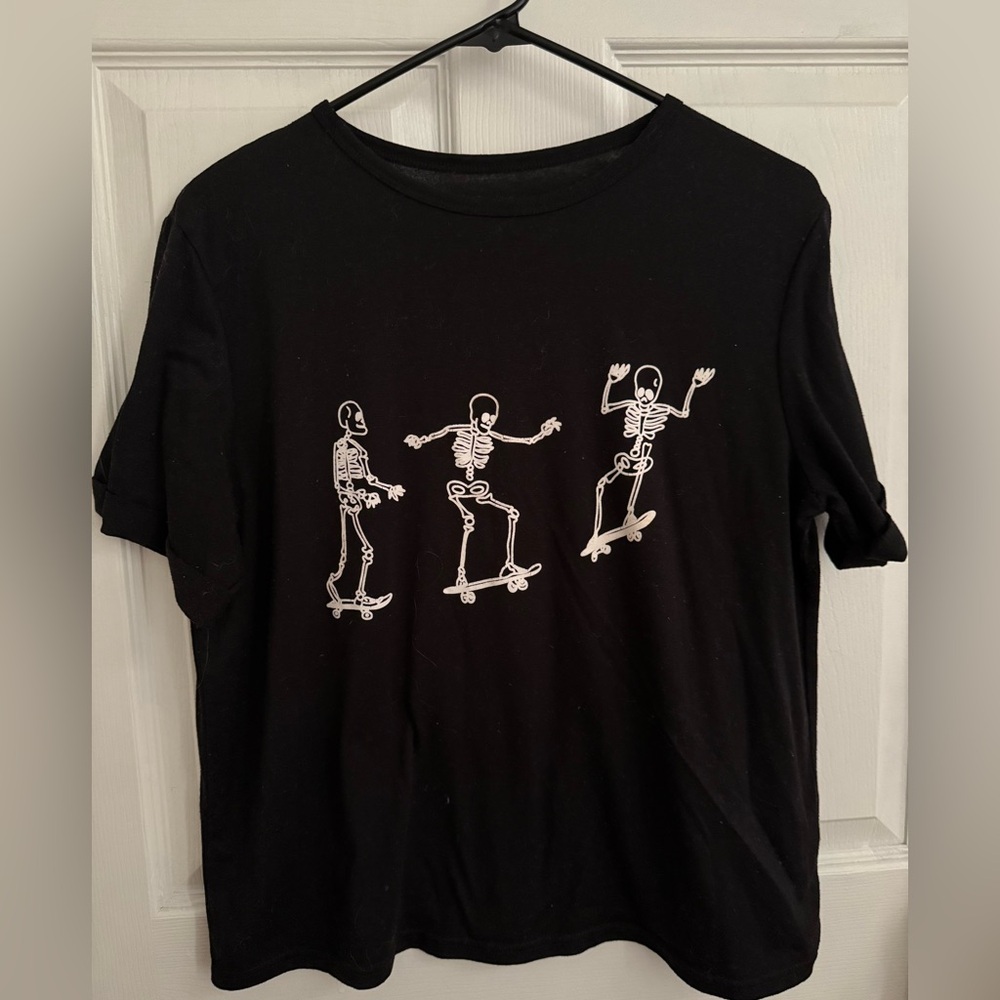 Black T-Shirt with Skeleton Skateboard Print